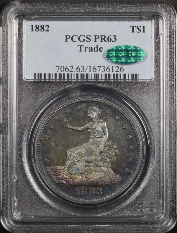 Obverse of this 1882 Trade Dollar PCGS PR-63 CAC Obverse Rainbow Toning