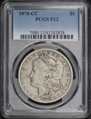 Obverse of this 1878-CC Morgan Dollar PCGS F-12