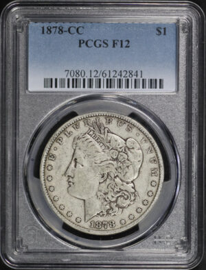 Obverse of this 1878-CC Morgan Dollar PCGS F-12