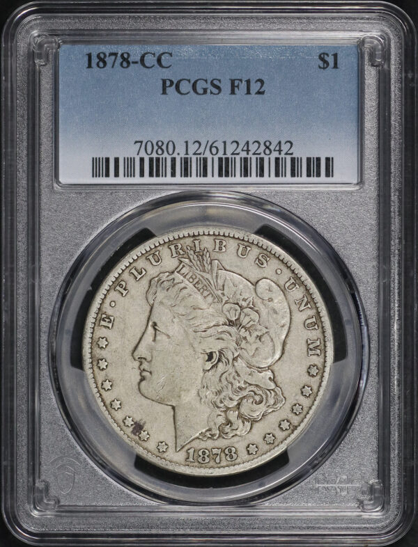 Obverse of this 1878-CC Morgan Dollar PCGS F-12