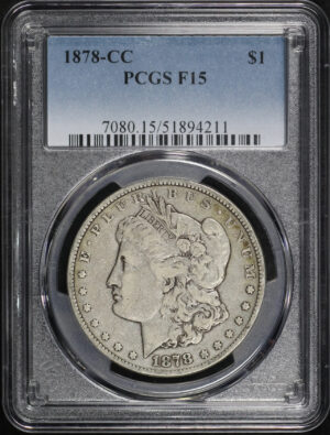 Obverse of this 1878-CC Morgan Dollar PCGS F-15