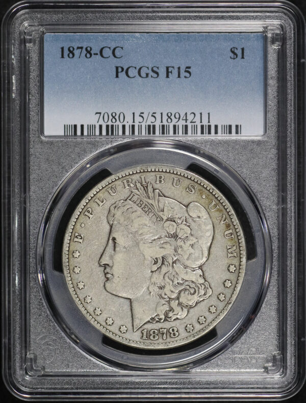 Obverse of this 1878-CC Morgan Dollar PCGS F-15