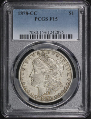 Obverse of this 1878-CC Morgan Dollar PCGS F-15