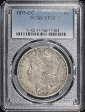 Obverse of this 1878-CC Morgan Dollar PCGS VF-35