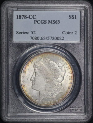 Obverse of this 1878-CC Morgan Dollar PCGS MS-63 – Blue, Green, & Violet Hue Reverse Toning