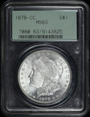 Obverse of this 1878-CC Morgan Dollar PCGS MS-63 Old Green Gasket Holder