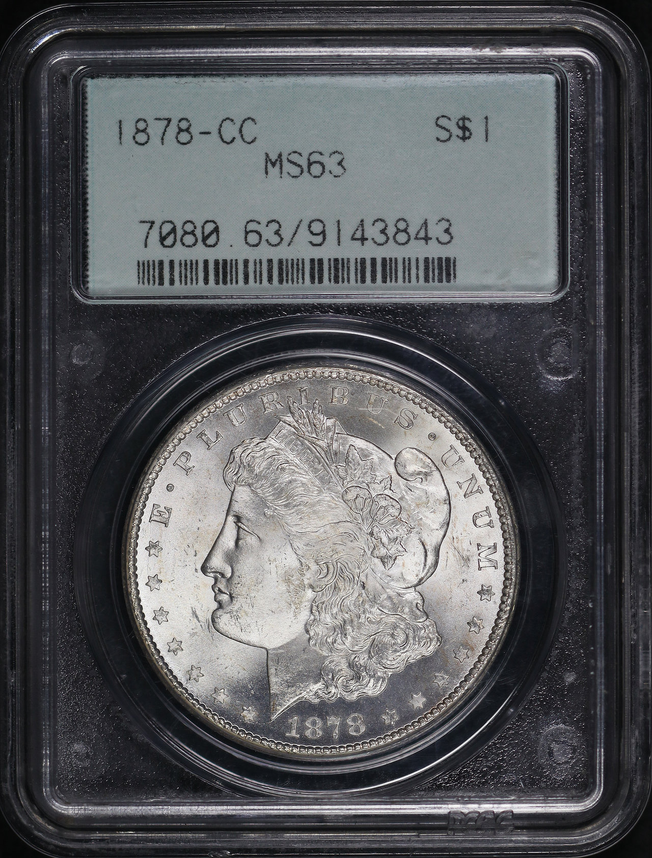 Obverse of this 1878-CC Morgan Dollar PCGS MS-63 Old Green Gasket Holder