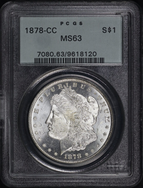 Obverse of this 1878-CC Morgan Dollar PCGS MS-63 Old Green Holder