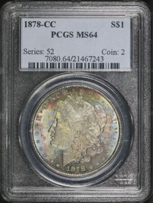 Obverse of this 1878-CC Morgan Dollar PCGS MS-64 Rainbow Toning 