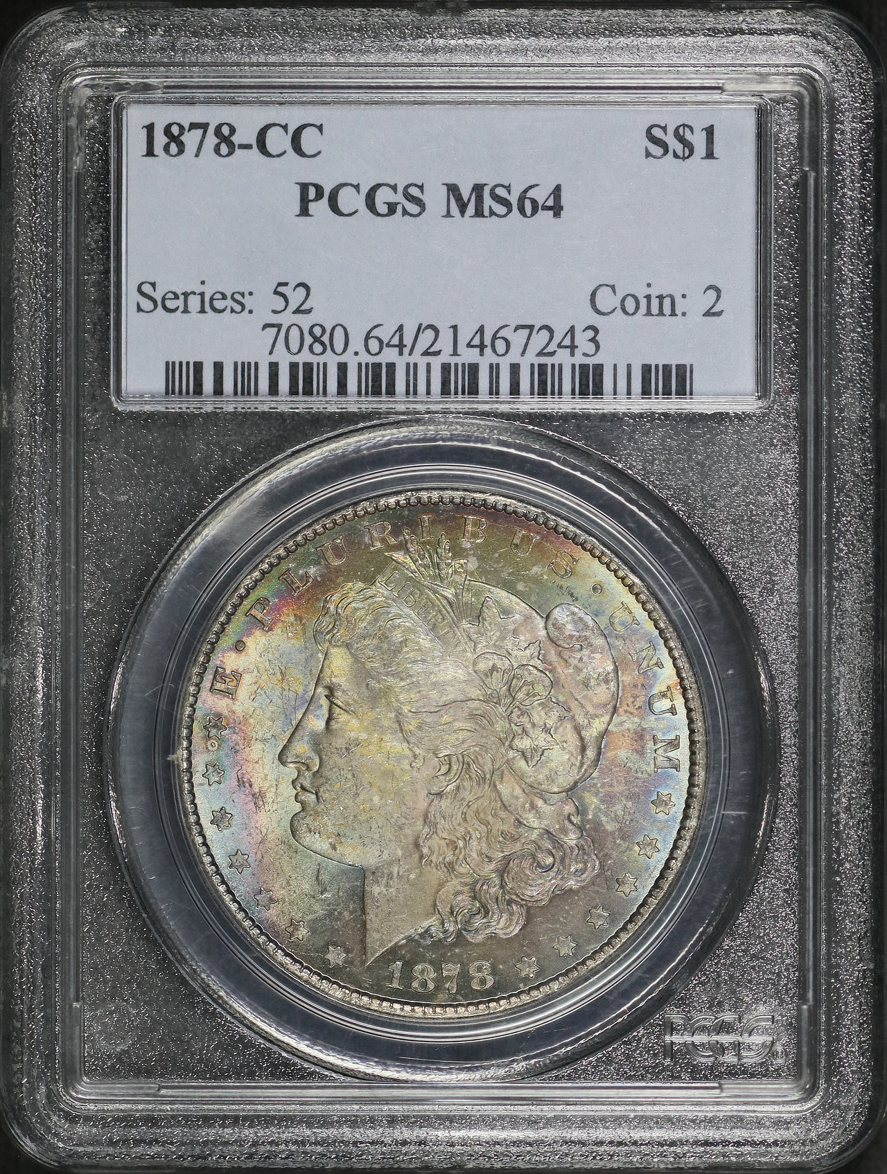 Obverse of this 1878-CC Morgan Dollar PCGS MS-64 Rainbow Toning