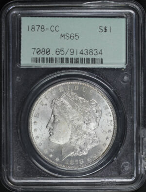 Obverse of this 1878-CC Morgan Dollar PCGS MS-65 Old Green Holder