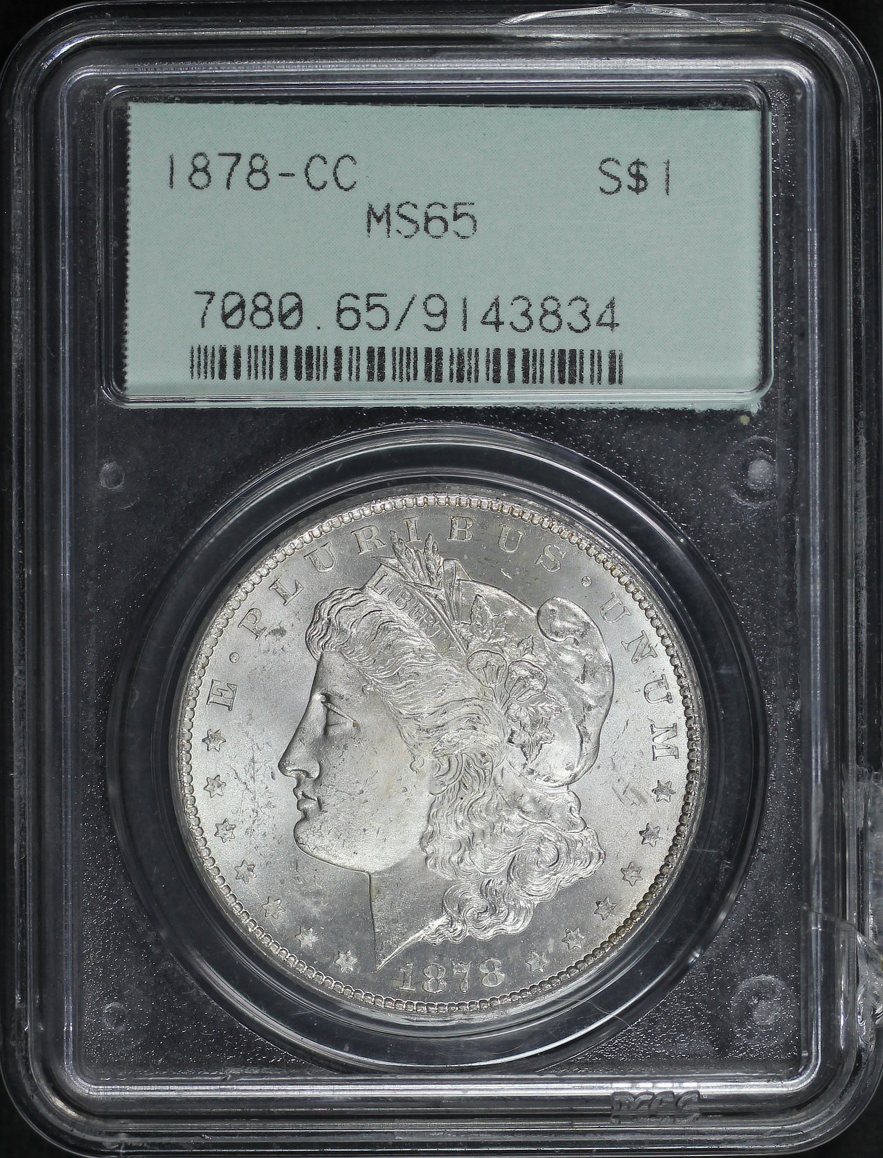 Obverse of this 1878-CC Morgan Dollar PCGS MS-65 Old Green Holder