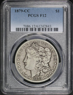 Obverse of this 1879-CC Morgan Dollar PCGS F-12