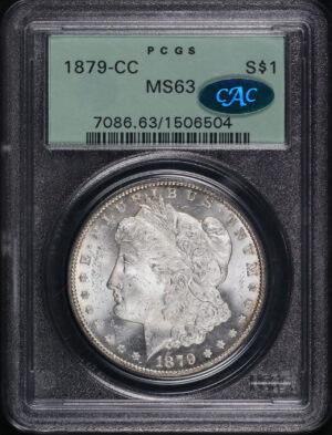 Obverse of this 1879-CC Morgan Dollar PCGS MS-63 CAC Old Green Holder
