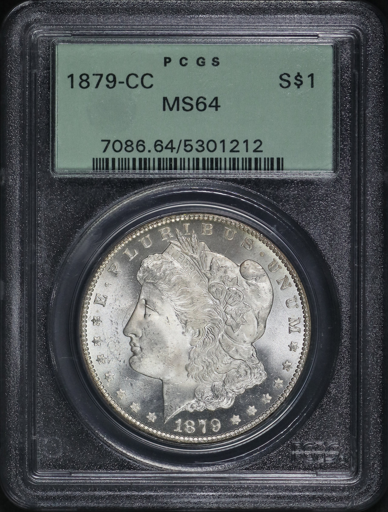 Obverse of this 1879-CC Morgan Dollar PCGS MS-64 Old Green Holder