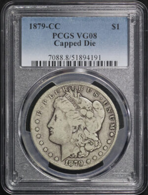 Obverse of this 1879-CC Morgan Dollar Capped Die PCGS VG-08