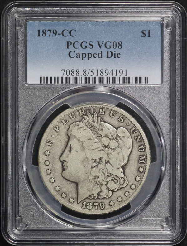 Obverse of this 1879-CC Morgan Dollar Capped Die PCGS VG-08