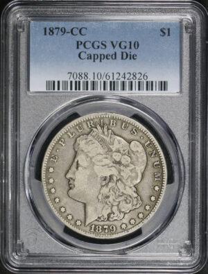 Obverse of this 1879-CC Morgan Dollar Capped Die PCGS VG-10