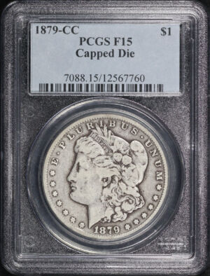 Obverse of this 1879-CC Morgan Dollar Capped Die PCGS F-15
