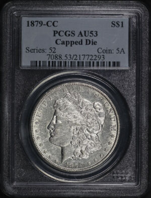 Obverse of this 1879-CC Morgan Dollar Capped Die PCGS AU-53