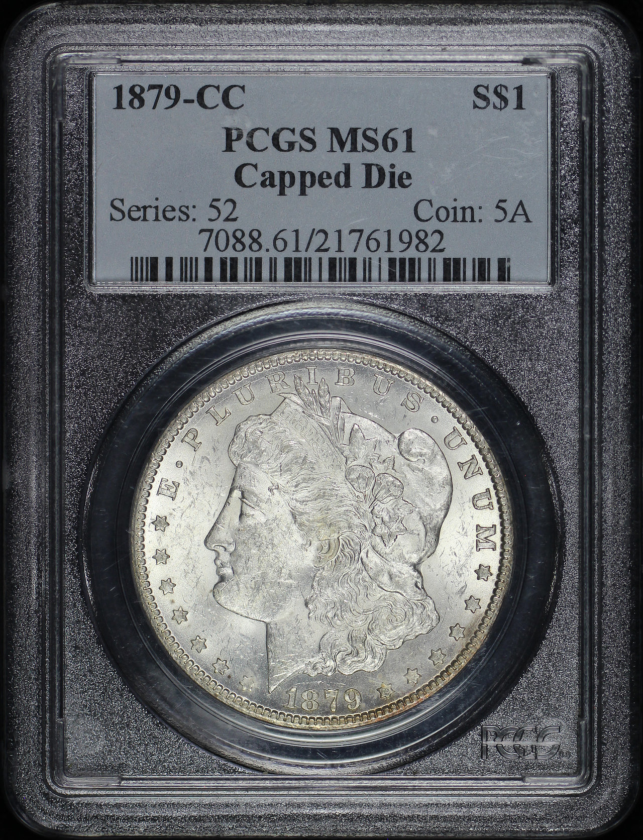 Obverse of this 1879-CC Morgan Dollar Capped Die PCGS MS-61