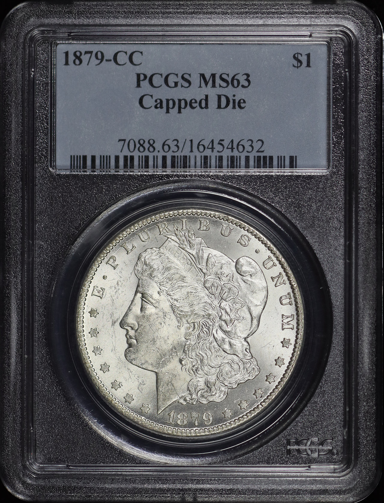 Obverse of this 1879-CC Morgan Dollar Capped Die PCGS MS-63
