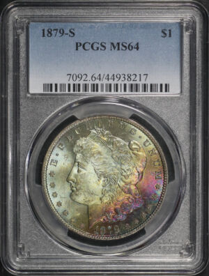 Obverse of this 1879-S Morgan Dollar PCGS MS-64 Dark Blue & Sunset Hue Obverse Toning
