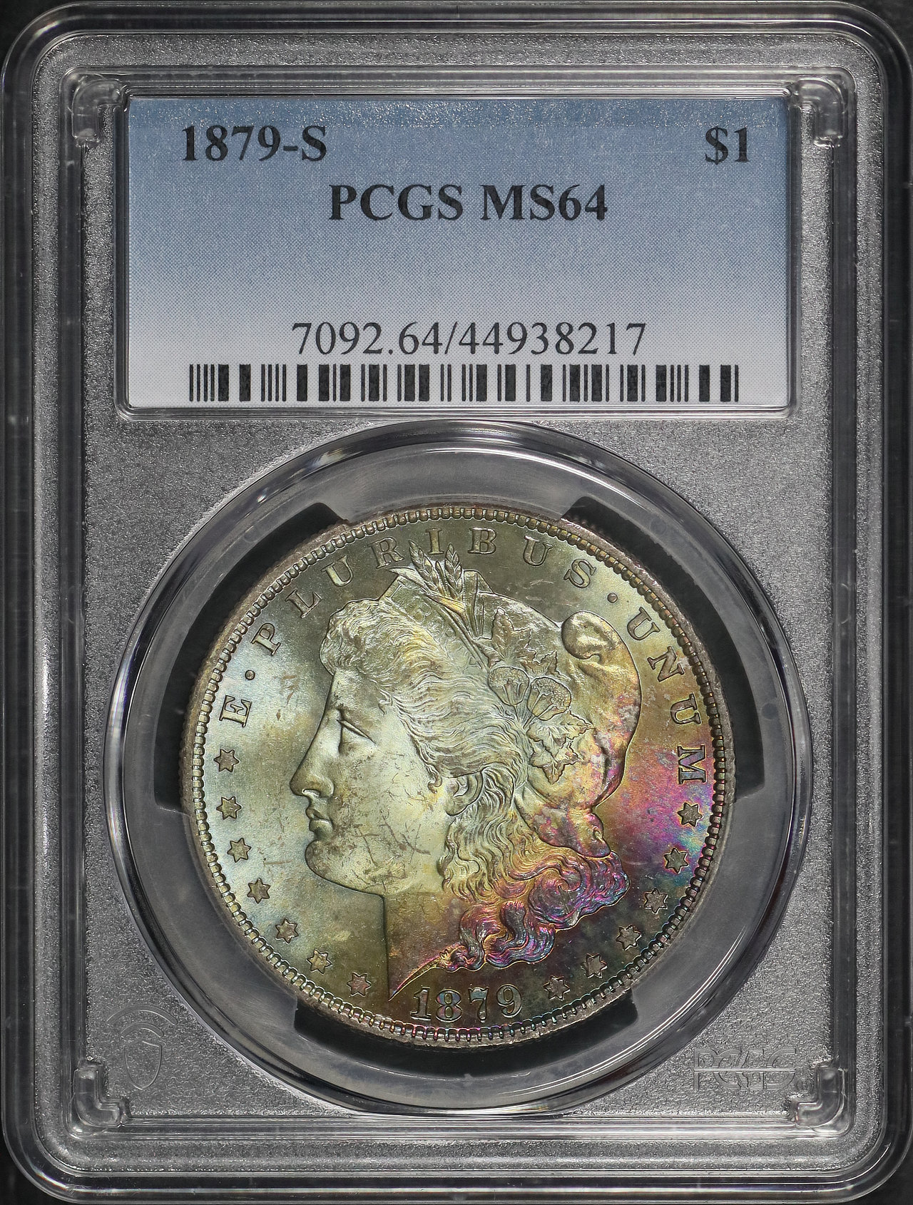 Obverse of this 1879-S Morgan Dollar PCGS MS-64 Dark Blue & Sunset Hue Obverse Toning