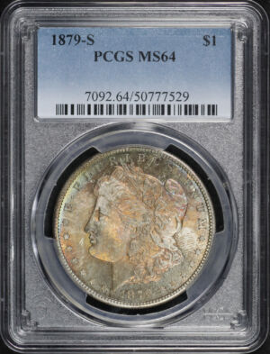 Obverse of this 1879-S Morgan Dollar PCGS MS-64 – Blue & Blood Orange Obverse Toning