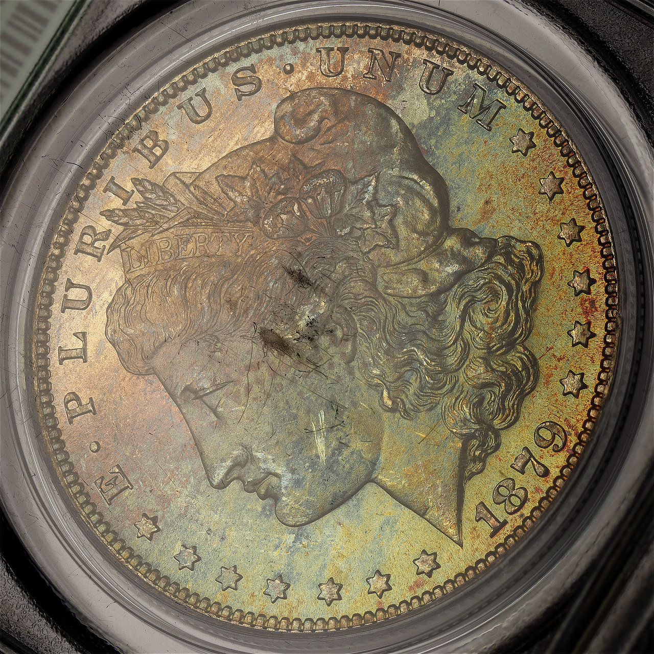 Gallery image of this 1879-S Morgan Dollar PCGS MS-65 Old Green Holder, Pastel Toning