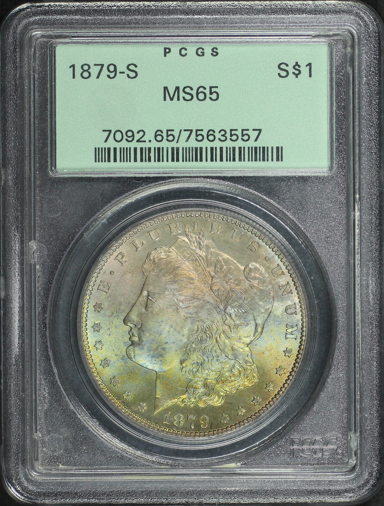 Obverse of this 1879-S Morgan Dollar PCGS MS-65 Old Green Holder, Pastel Toning