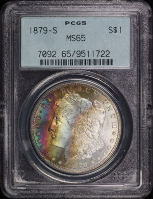 Obverse of this 1879-S Morgan Dollar PCGS MS-65 Old Green Holder Banded Rainbow Obverse Toning
