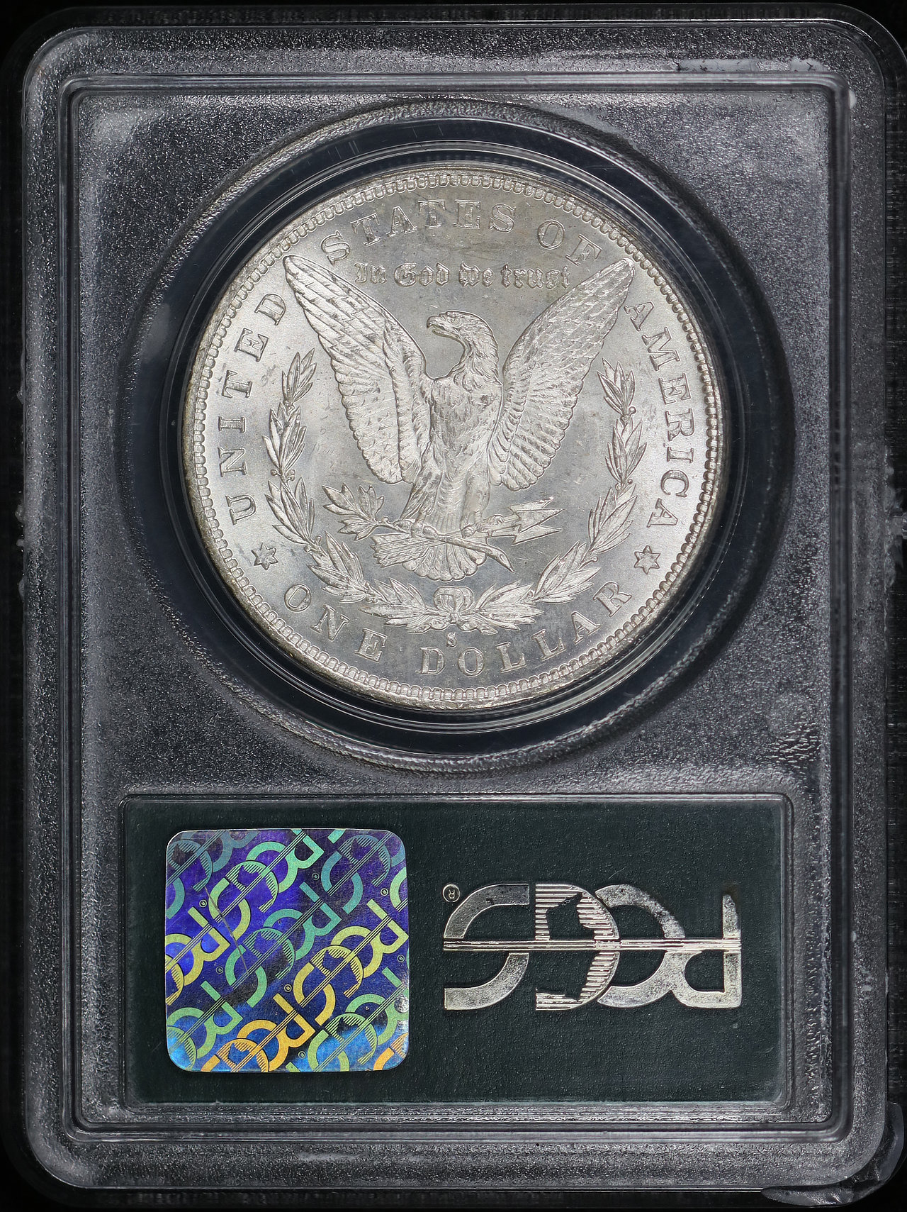 Reverse of this 1879-S Morgan Dollar PCGS MS-65 Obverse Rainbow Toning Old Green Gasket Holder