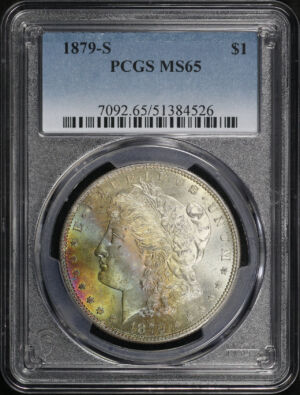 Obverse of this 1879-S Morgan Dollar PCGS MS-65 – Banded Rainbow Obverse Toning