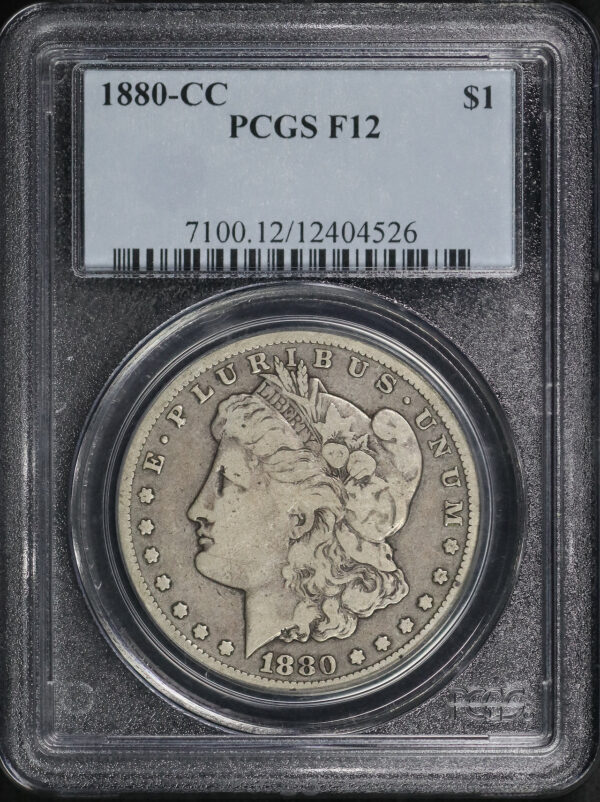 Obverse of this 1880-CC Morgan Dollar PCGS F-12