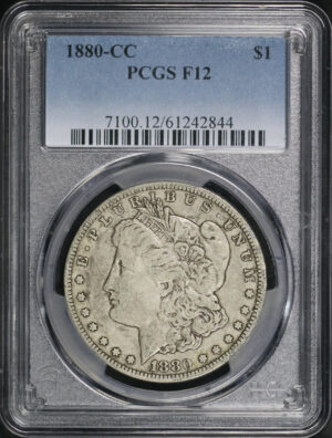 Obverse of this 1880-CC Morgan Dollar PCGS F-12