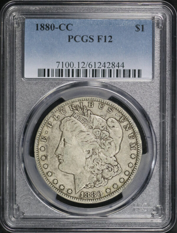 Obverse of this 1880-CC Morgan Dollar PCGS F-12