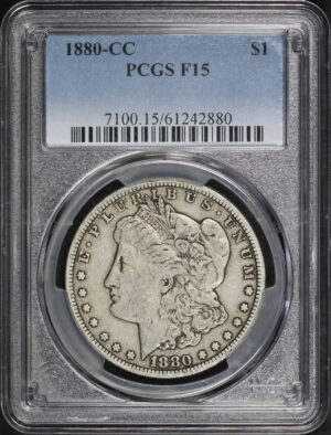Obverse of this 1880-CC Morgan Dollar PCGS F-15