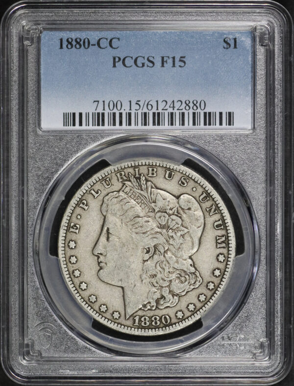 Obverse of this 1880-CC Morgan Dollar PCGS F-15