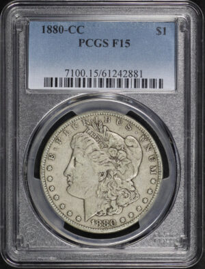 Obverse of this 1880-CC Morgan Dollar PCGS F-15