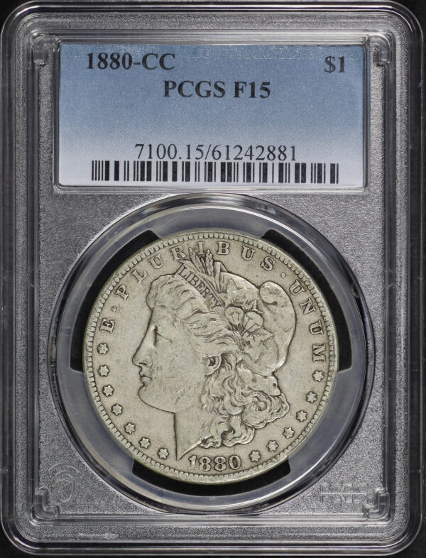 Obverse of this 1880-CC Morgan Dollar PCGS F-15