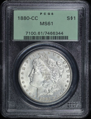 Obverse of this 1880-CC Morgan Dollar PCGS MS-61 Old Green Holder