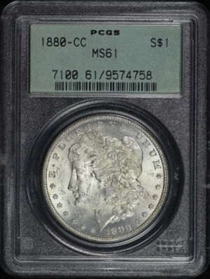 Obverse of this 1880-CC Morgan Dollar PCGS MS-61 Old Green Holder