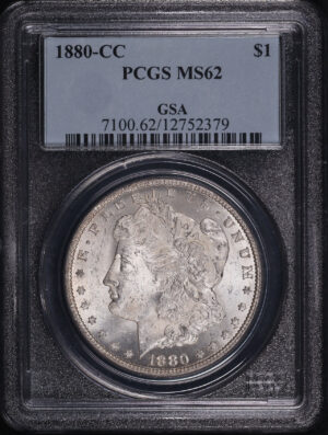 Obverse of this 1880-CC Morgan Dollar PCGS MS-62 GSA Label