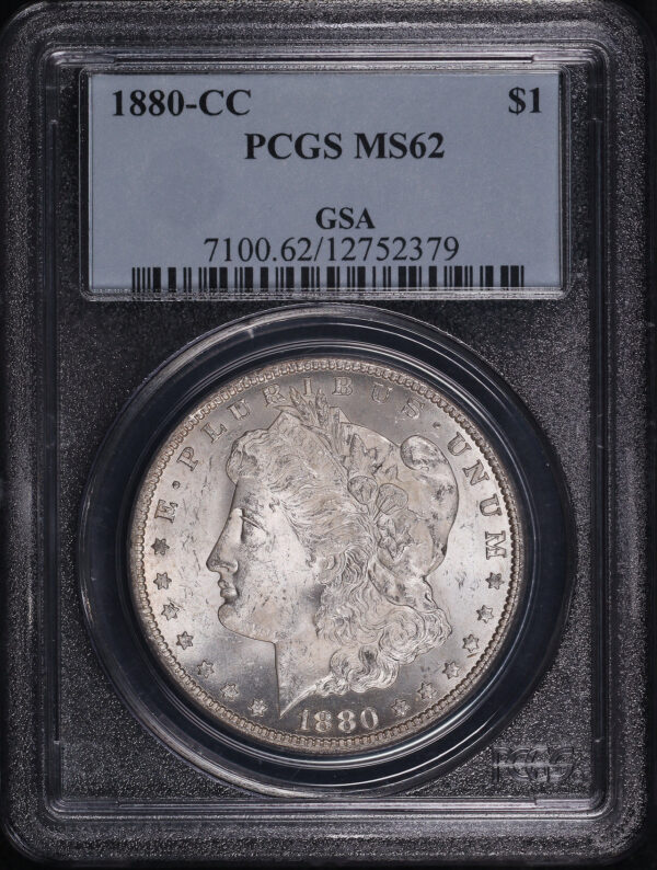 Obverse of this 1880-CC Morgan Dollar PCGS MS-62 GSA Label