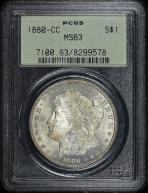 Obverse of this 1880-CC Morgan Dollar PCGS MS-63 Old Green Holder