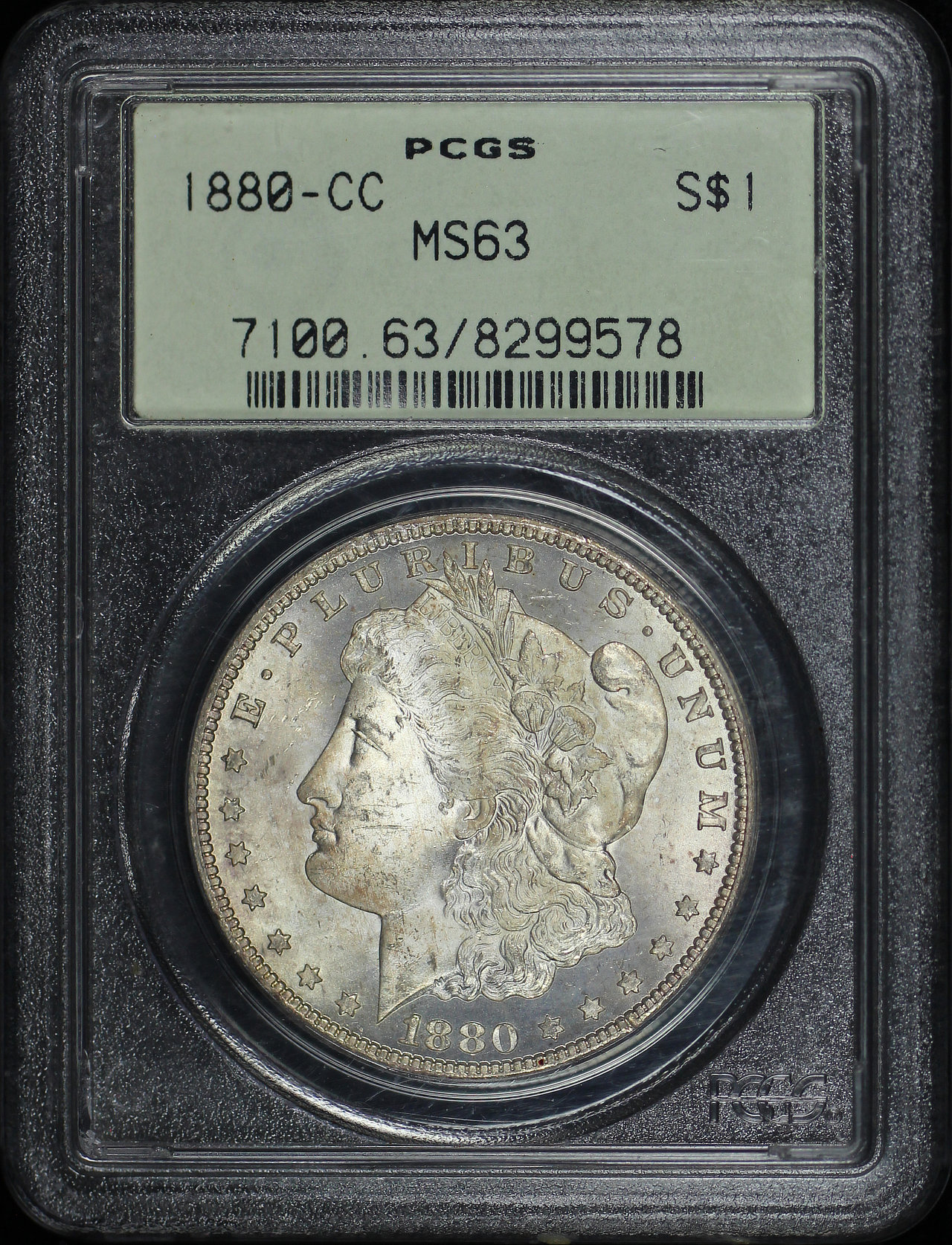 Obverse of this 1880-CC Morgan Dollar PCGS MS-63 Old Green Holder