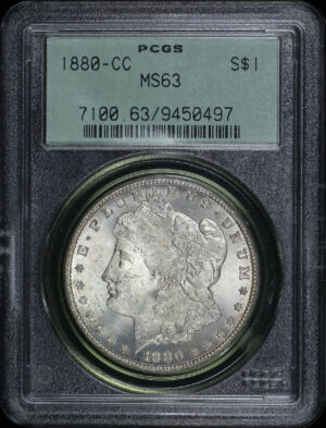 Obverse of this 1880-CC Morgan Dollar PCGS MS-63 Old Green Gasket Holder