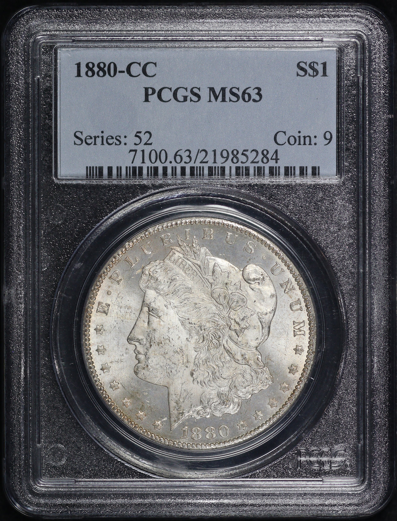 Obverse of this 1880-CC Morgan Dollar PCGS MS-63