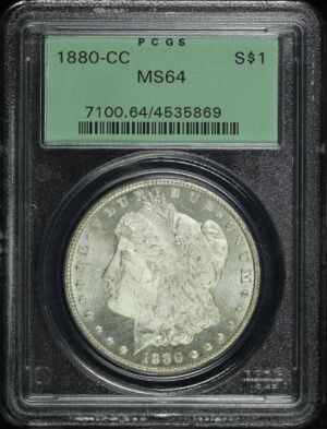 Obverse of this 1880-CC Morgan Dollar PCGS MS-64 Old Green Holder